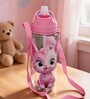 Pink Cute Kitty Printed Plastic Water Bottle with Straw & Carrying Strap, 600 ml