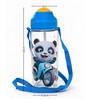 Blue Cute Panda Printed Plastic Water Bottle with Straw & Carrying Strap, 600 ml