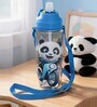 Blue Cute Panda Printed Plastic Water Bottle with Straw & Carrying Strap, 600 ml