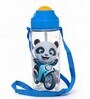 Blue Cute Panda Printed Plastic Water Bottle with Straw & Carrying Strap, 600 ml