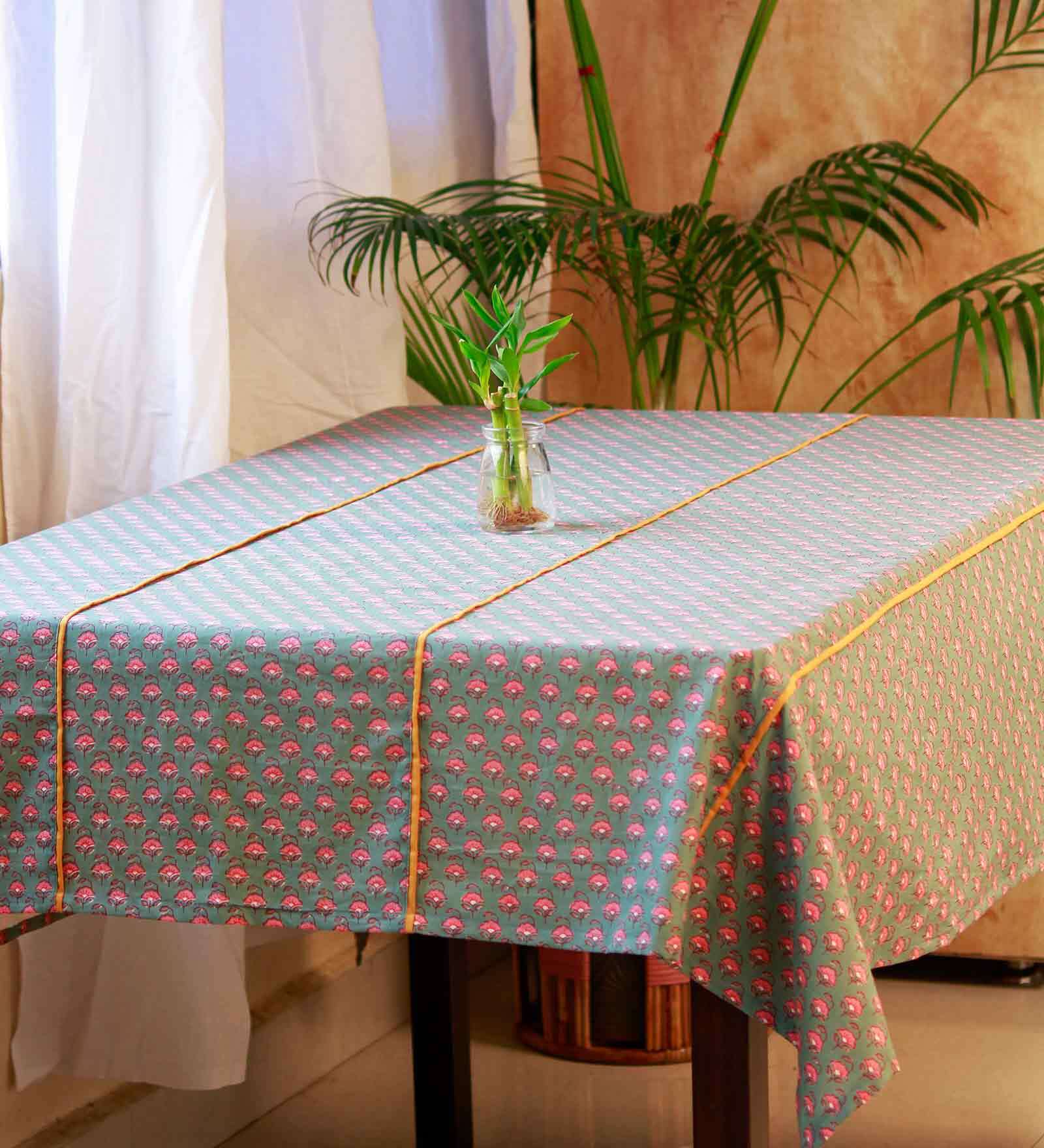 Cyan and Blue Floral Cotton 72X54 Inches Table Cloth