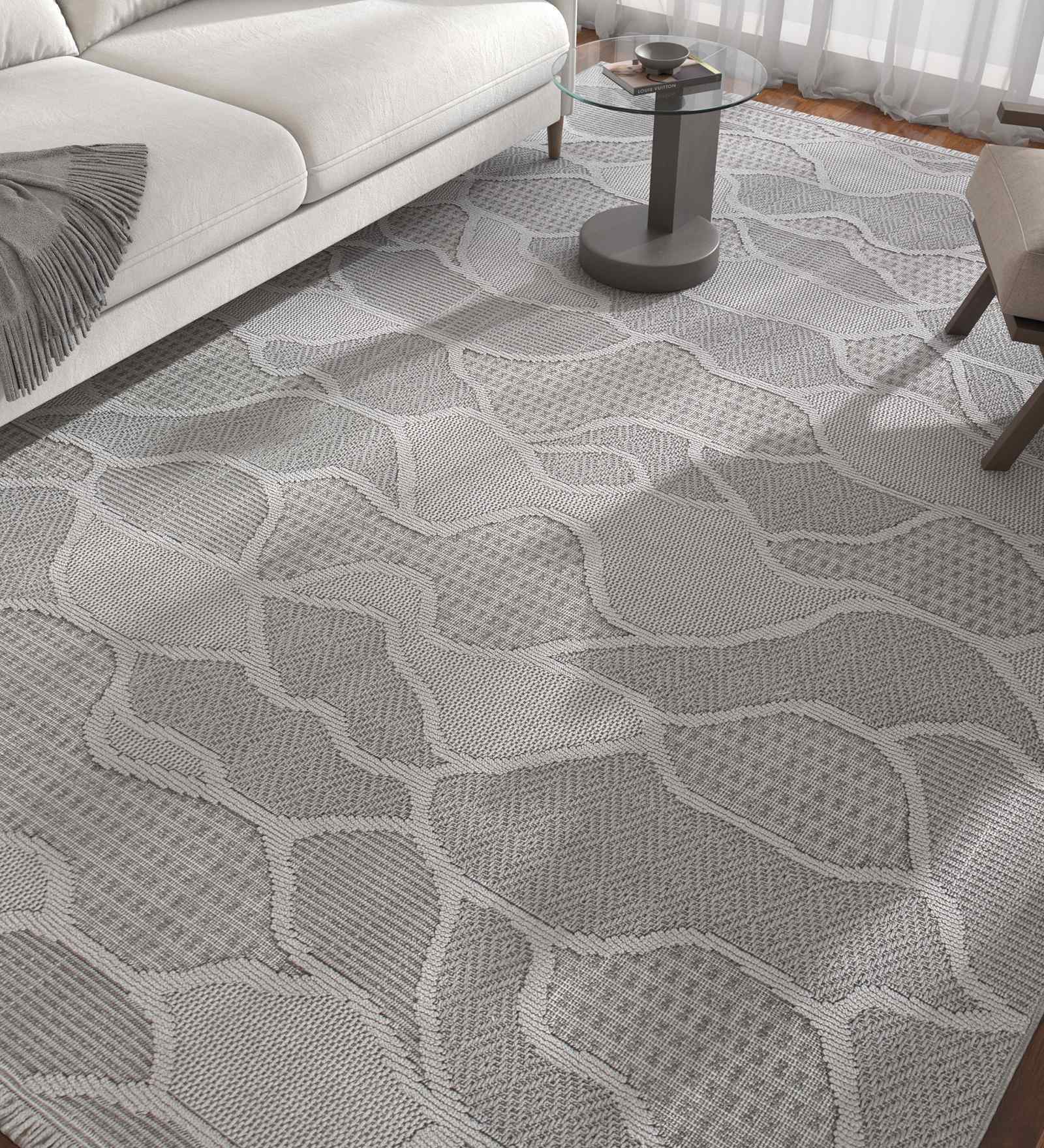 Cyan Blue and Steel Grey  Abstract Polyester 5x7.5 Feet Machine Made Carpet