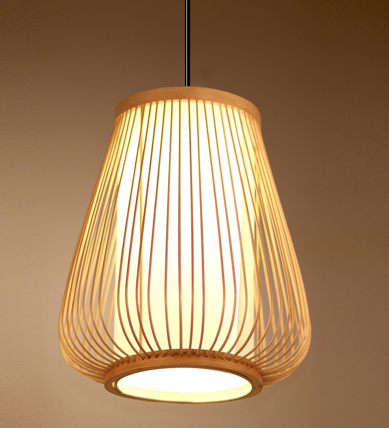 Cylinderical Handmade Bamboo Pendant Hanging Light in Beige Colour