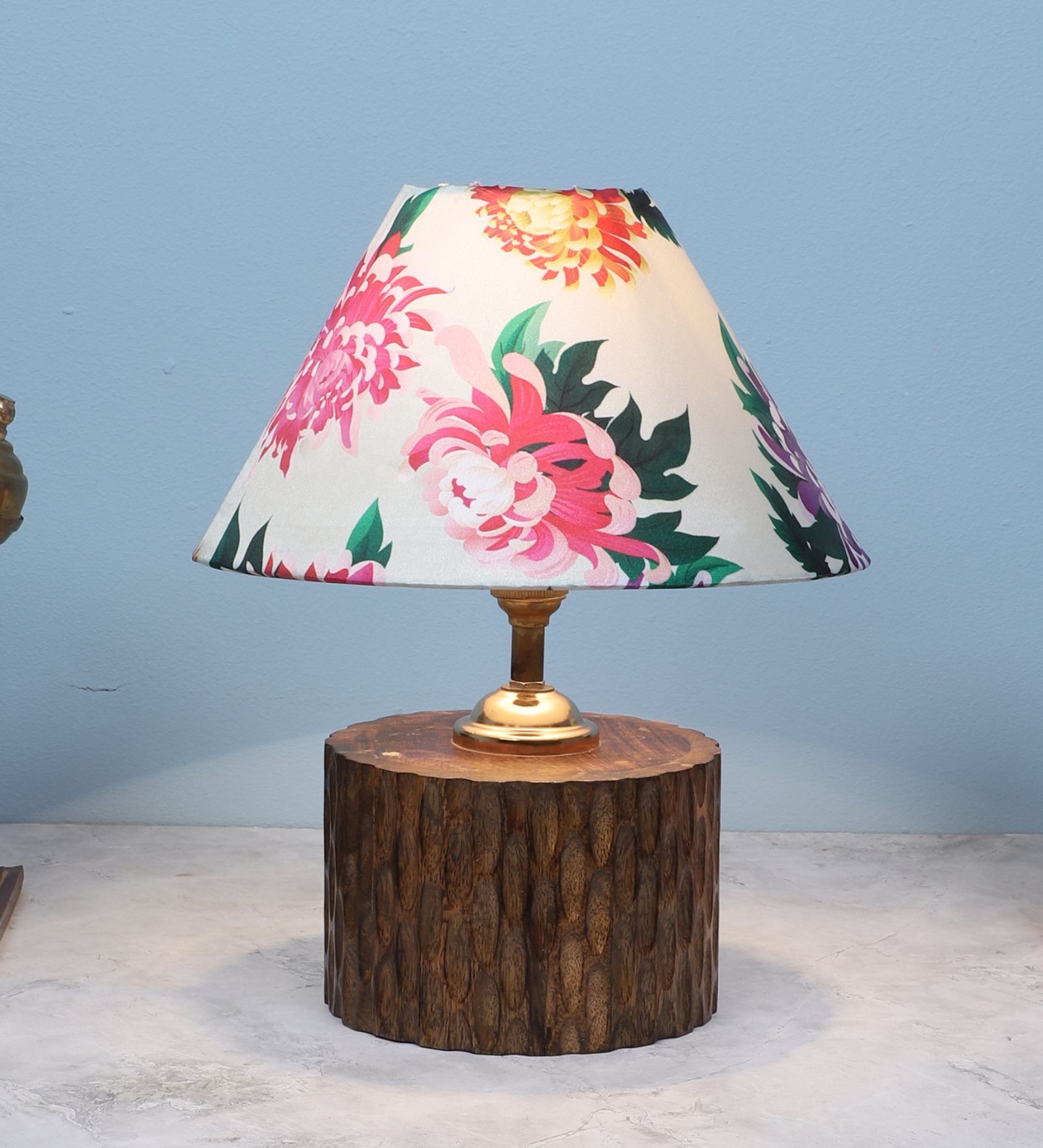 Cylindrical Mangowood Table Lamp With Carnation Print Satin Shade