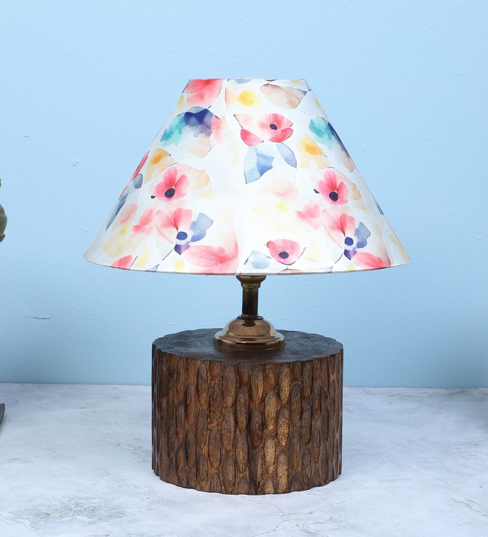 Cylindrical Mangowood Table Lamp With Flower Print Satin Shade