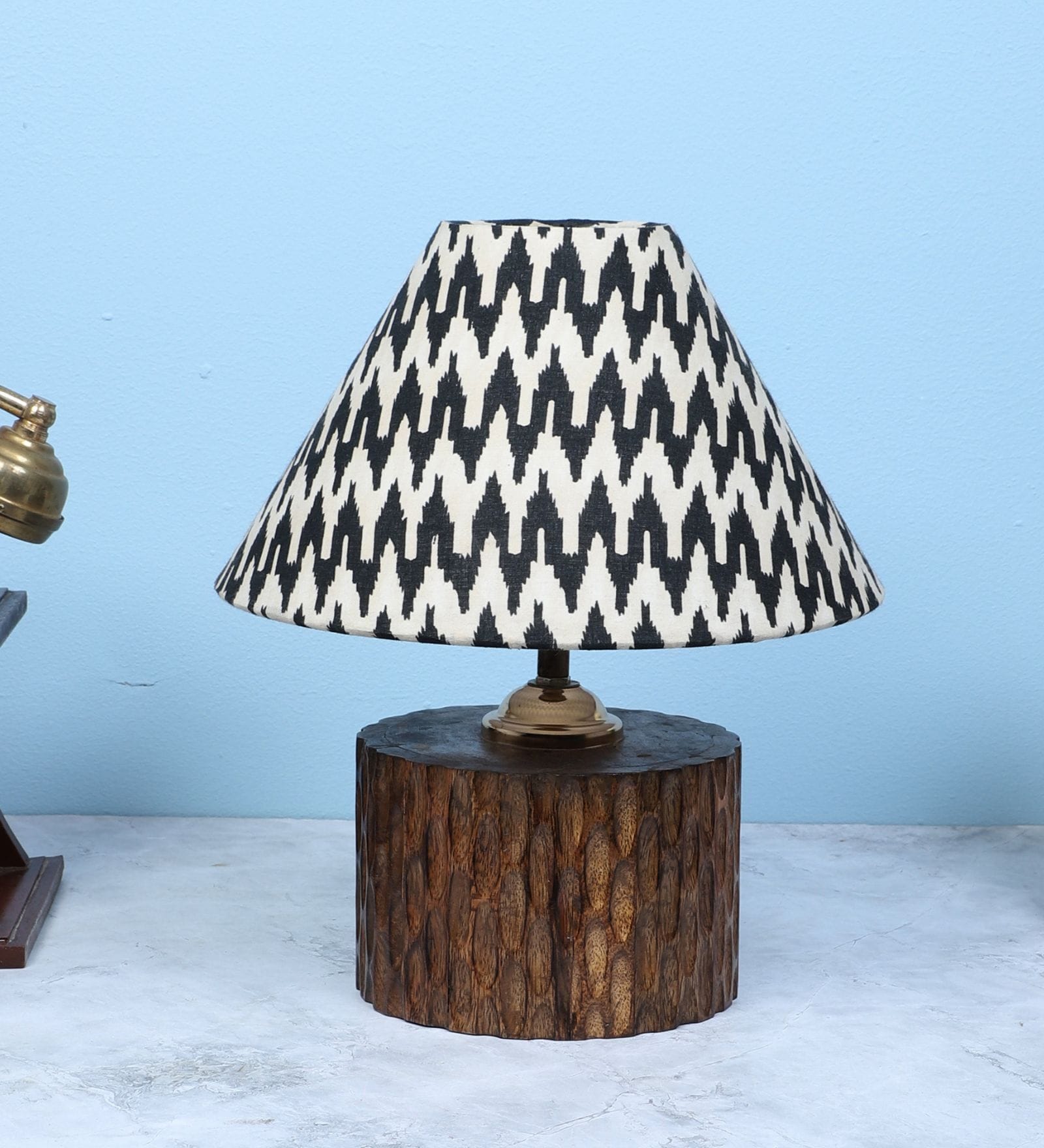 Cylindrical Mangowood Table Lamp With Chevron Print Satin Shade