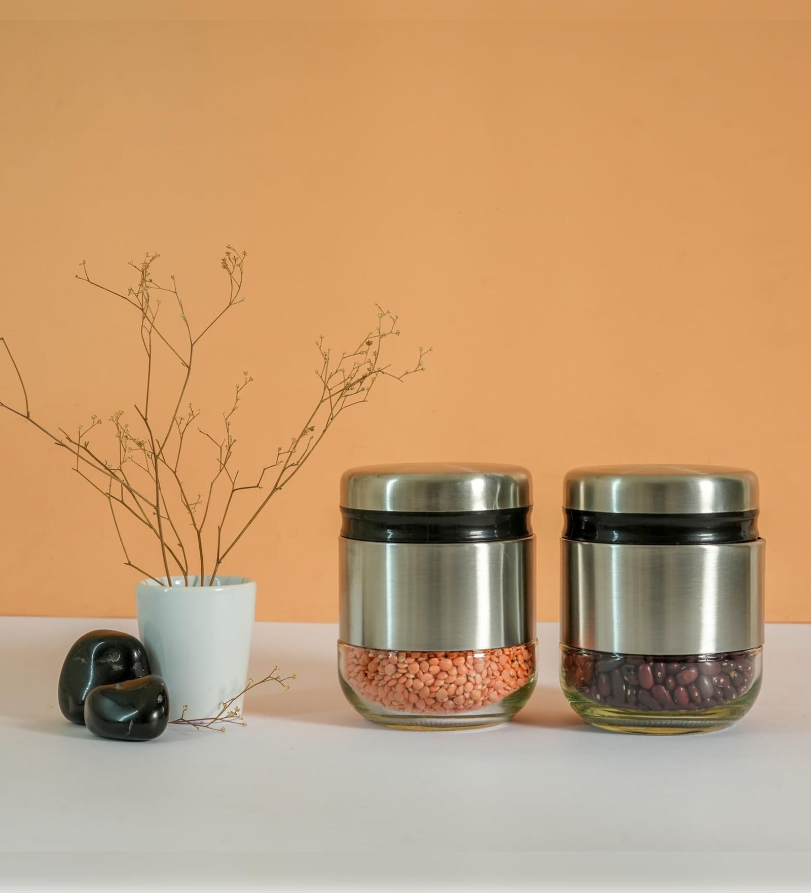 Cylindrical See-Through Glass Jars with Stainless Steel Body 350 ML | Set of 2 |