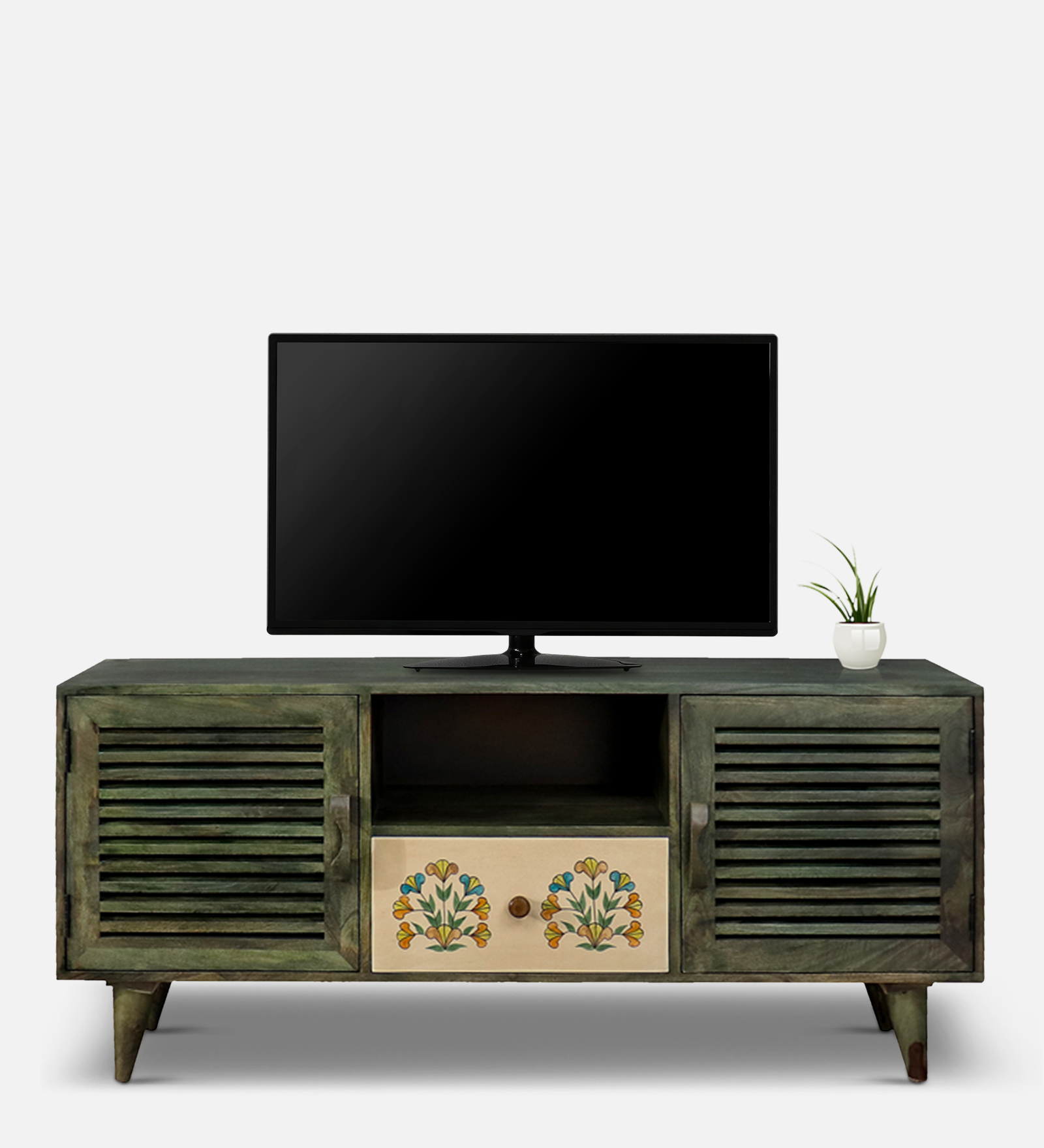 Cynthia Hand Painted Tv Console In Rustic Green Colour -