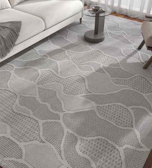 Cyan Blue and Steel Grey  Abstract Polyester 5x7.5 Feet Machine Made Carpet