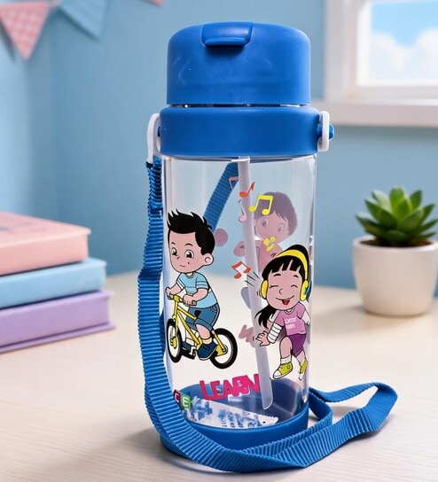 Blue Cycling Cartoon Printed Plastic Water Bottle with Straw & Carrying Strap, 600 ml