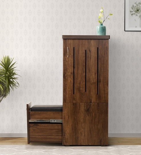 Bryne Shoe Rack with Seating in Brown Teak Matte Finish