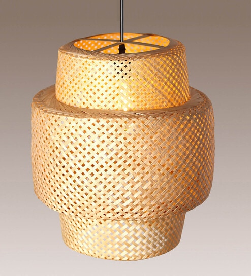 Cylinderical Handmade Bamboo Pendant Hanging Light in Beige Colour