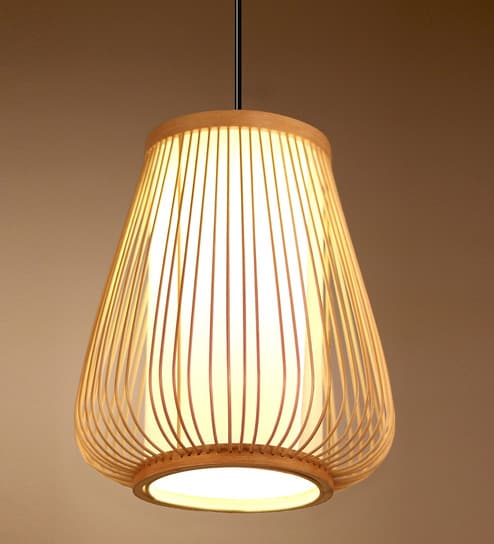 Cylinderical Handmade Bamboo Pendant Hanging Light in Beige Colour