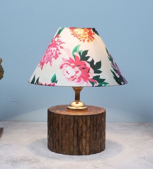 Cylindrical Mangowood Table Lamp With Carnation Print Satin Shade