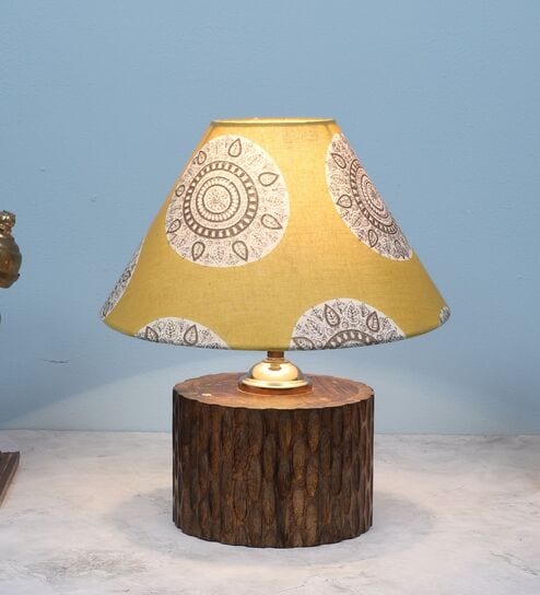Cylindrical Mangowood Table Lamp With Mandala Print Satin Shade