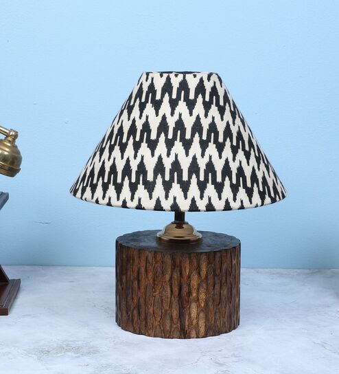 Cylindrical Mangowood Table Lamp With Chevron Print Satin Shade