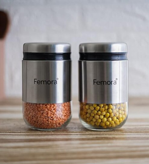 Cylindrical See-Through Glass Jars with Stainless Steel Body 550 ML | Set of 2 |