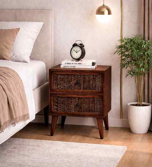 Cyrus Solid Wood Bedside Table In Scratch Resistant Natural Finish With Drawers
