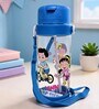 Blue Cycling Cartoon Printed Plastic Water Bottle with Straw & Carrying Strap, 600 ml