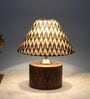 Cylindrical Mangowood Table Lamp With Chevron Print Satin Shade