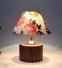 Cylindrical Mangowood Table Lamp With Carnation Print Satin Shade