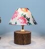 Cylindrical Mangowood Table Lamp With Carnation Print Satin Shade