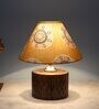 Cylindrical Mangowood Table Lamp With Mandala Print Satin Shade
