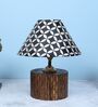 Cylindrical Mangowood Table Lamp With Geometric Print Satin Shade