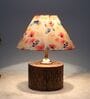 Cylindrical Mangowood Table Lamp With Flower Print Satin Shade