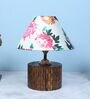 Cylindrical Mangowood Table Lamp With Carnation Print Satin Shade