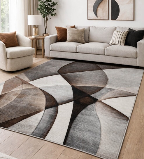 D Grey Abstract Polypropylene 11 ft x 8 ft Machine Made Carpet