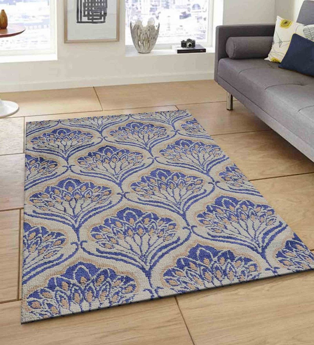 Buy Blue Polyester Damasc 4 x 6 Feet Machine Made Carpet by PRESTO at