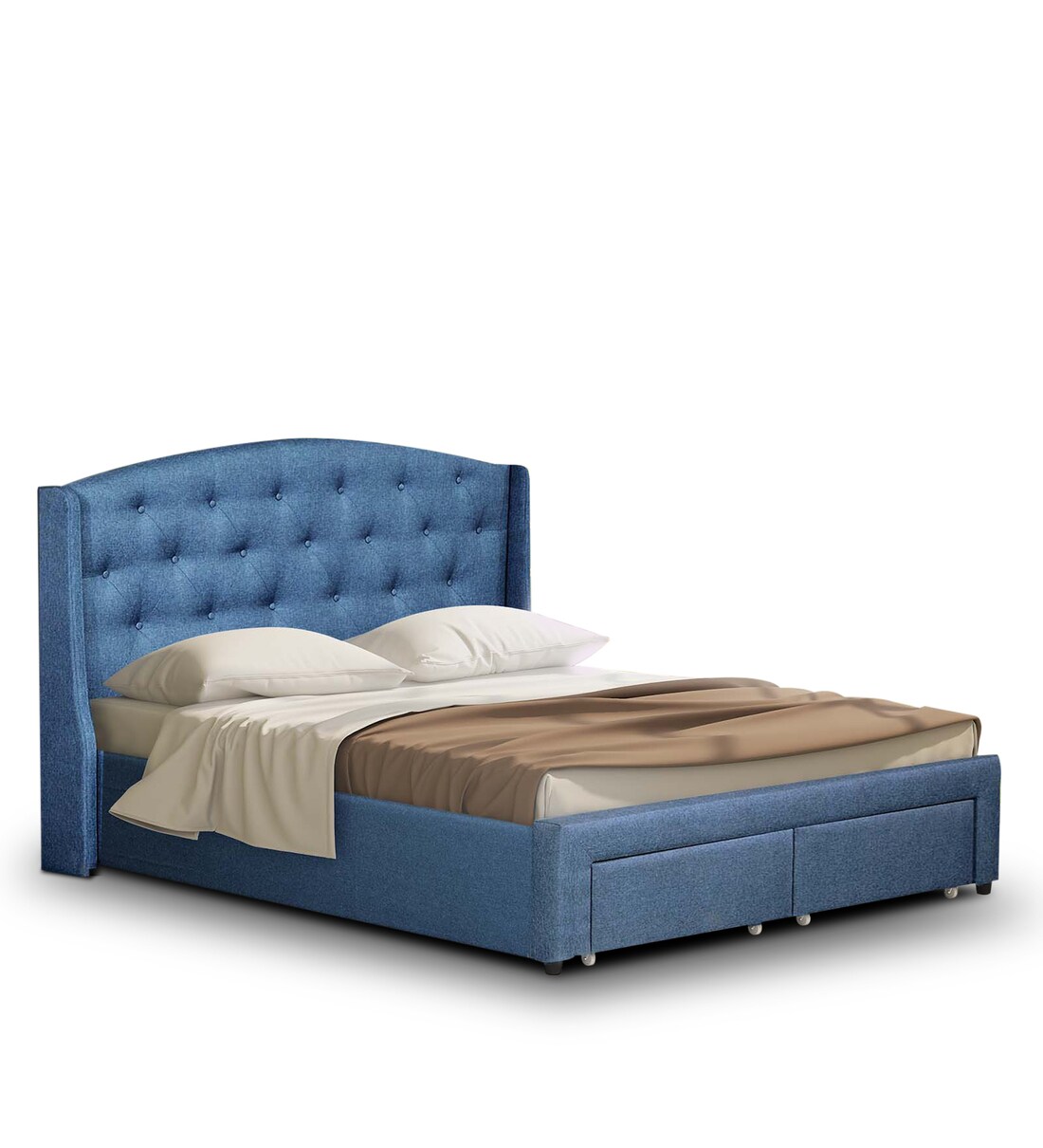 Buy Danilo Upholstered King Size Bed in Navy Blue Colour with Storage