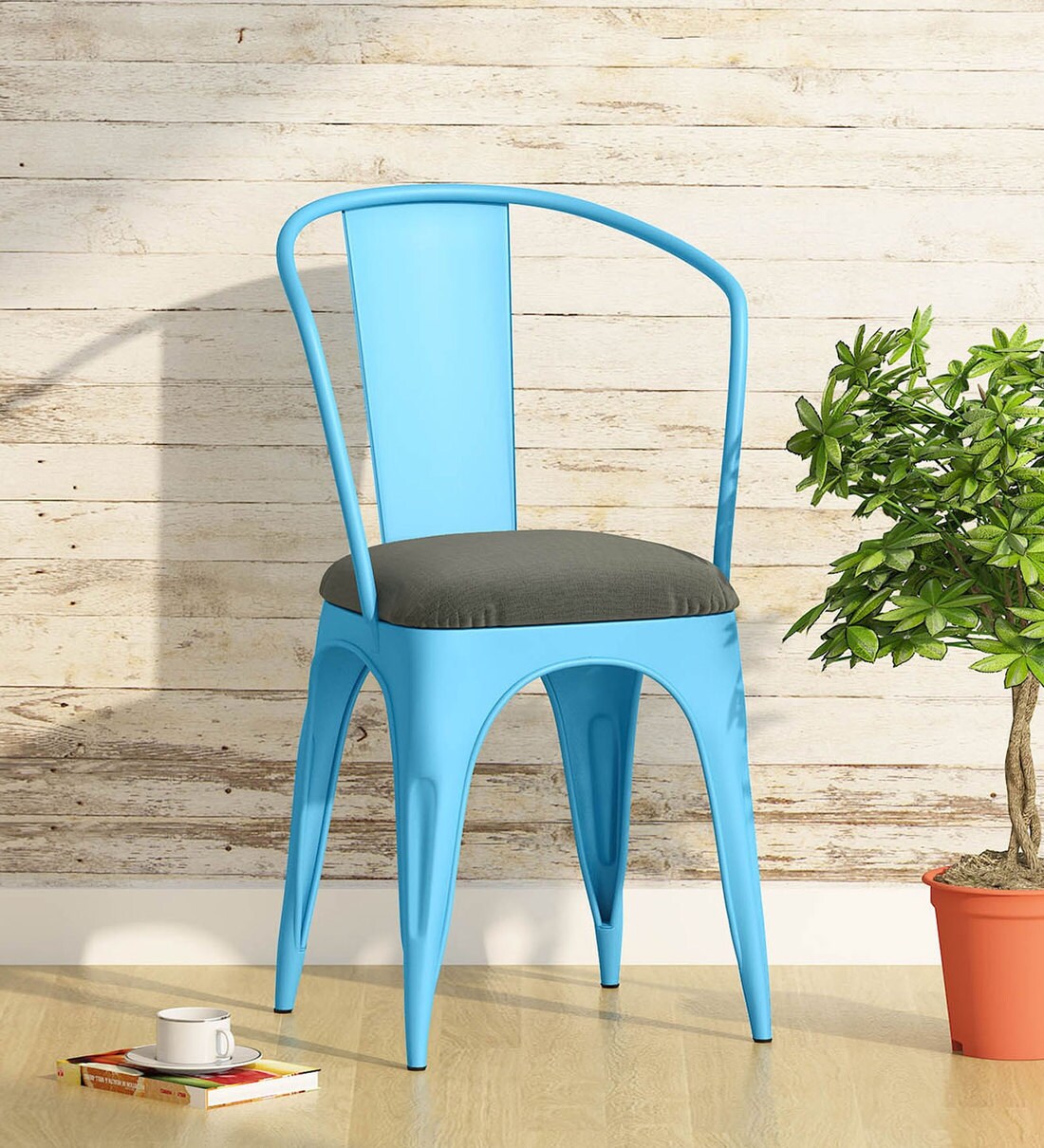 Buy Tarto Metal Tolix Replica Chair in Blue Colour with cushion at
