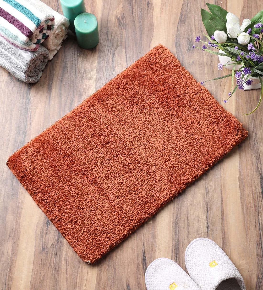 Buy Orange Solid Cotton 24x16 Inches AntiSkid Bath Mat by Chaque Decor