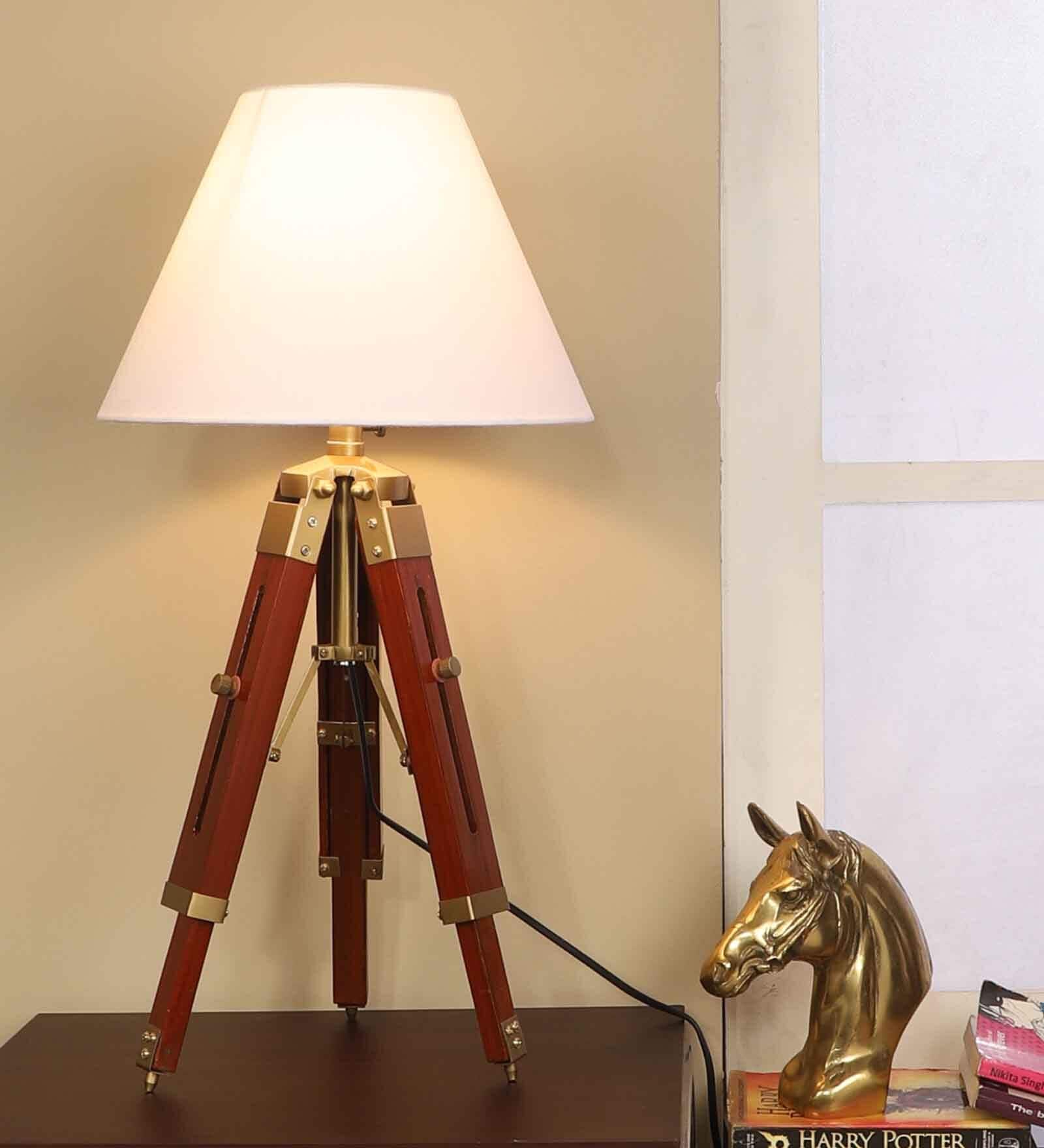 Charlotte White Cotton Shade Night Lamp With Wood & Metal Base