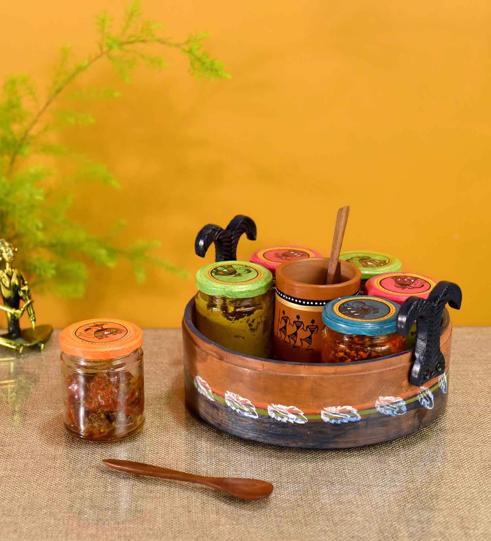 Dadiji's Brown Glass, Terracotta and Wood 6 Pcs Condiment Jars with Spoon Holder & Tray