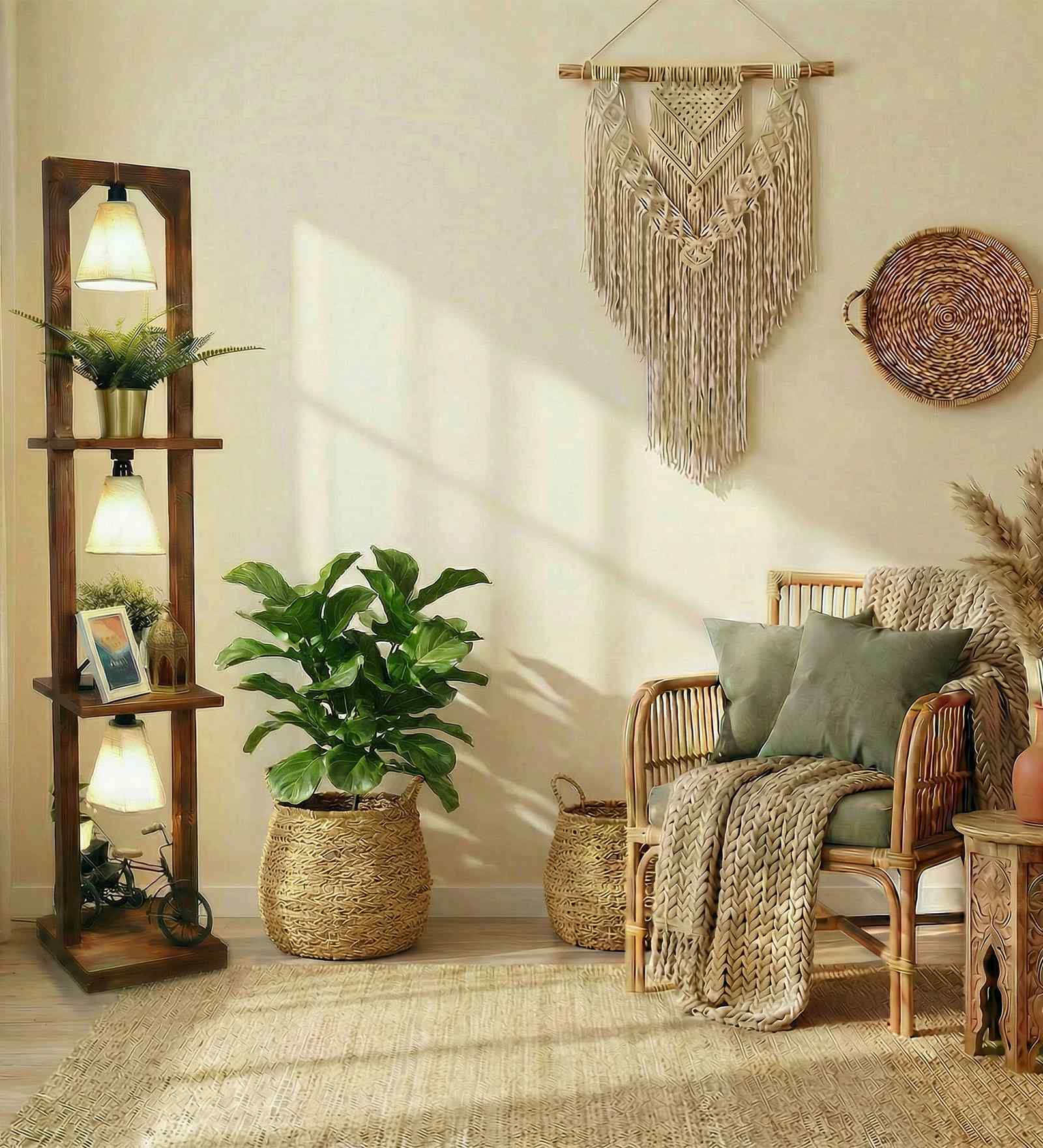 Daffodil Wooden Shelf Floor Lamp with Jute Shade & Brown Base
