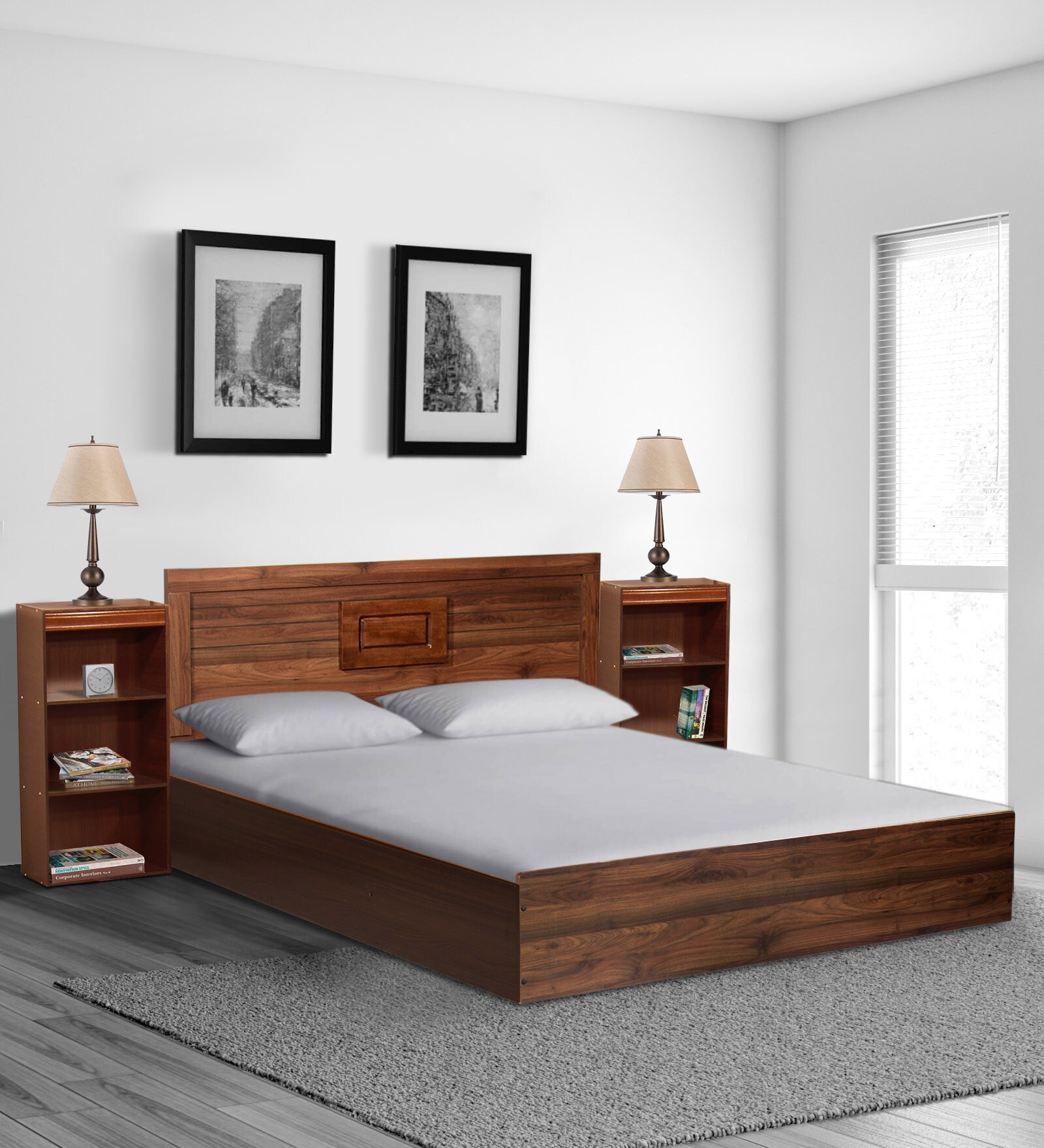 Daichi Queen Size Bed in Columbia Walnut Finish with Box Storage + Two Bedside Tables