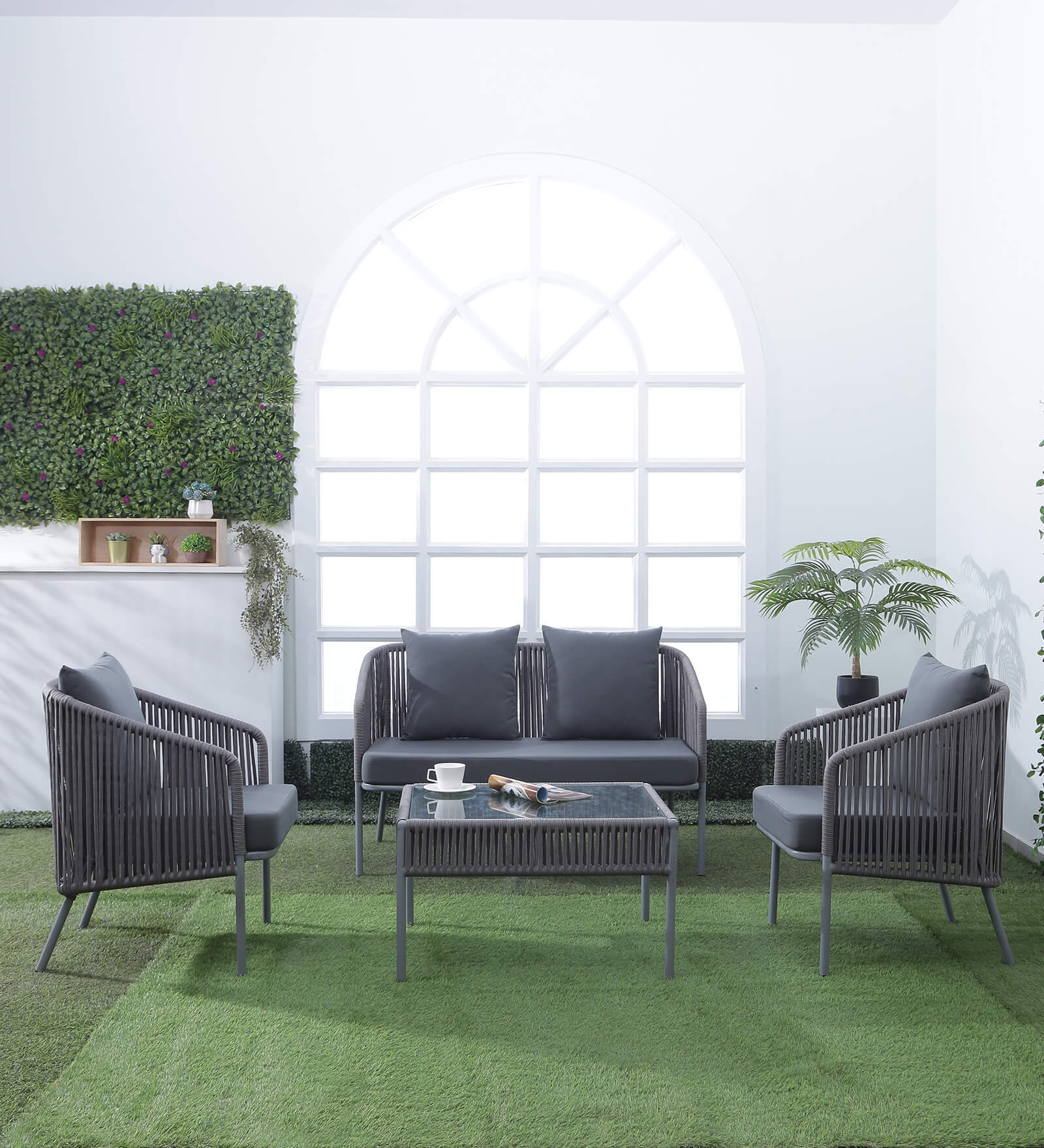 Daiden Steel & Braided Rope Sofa Set In Grey Finish With Pillow