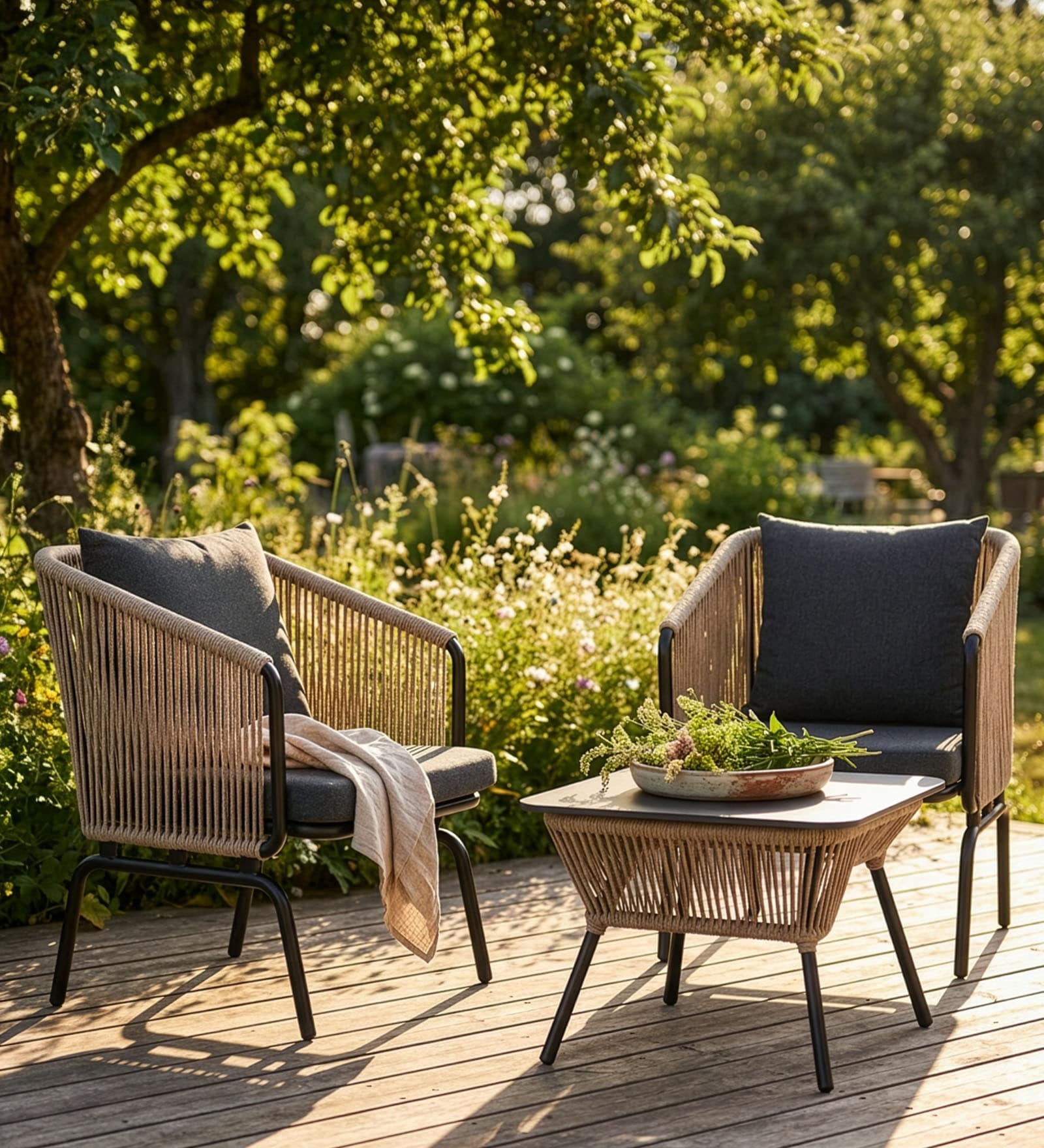 Daiden Wicker Outdoor Table & Chair Set In Black Finish