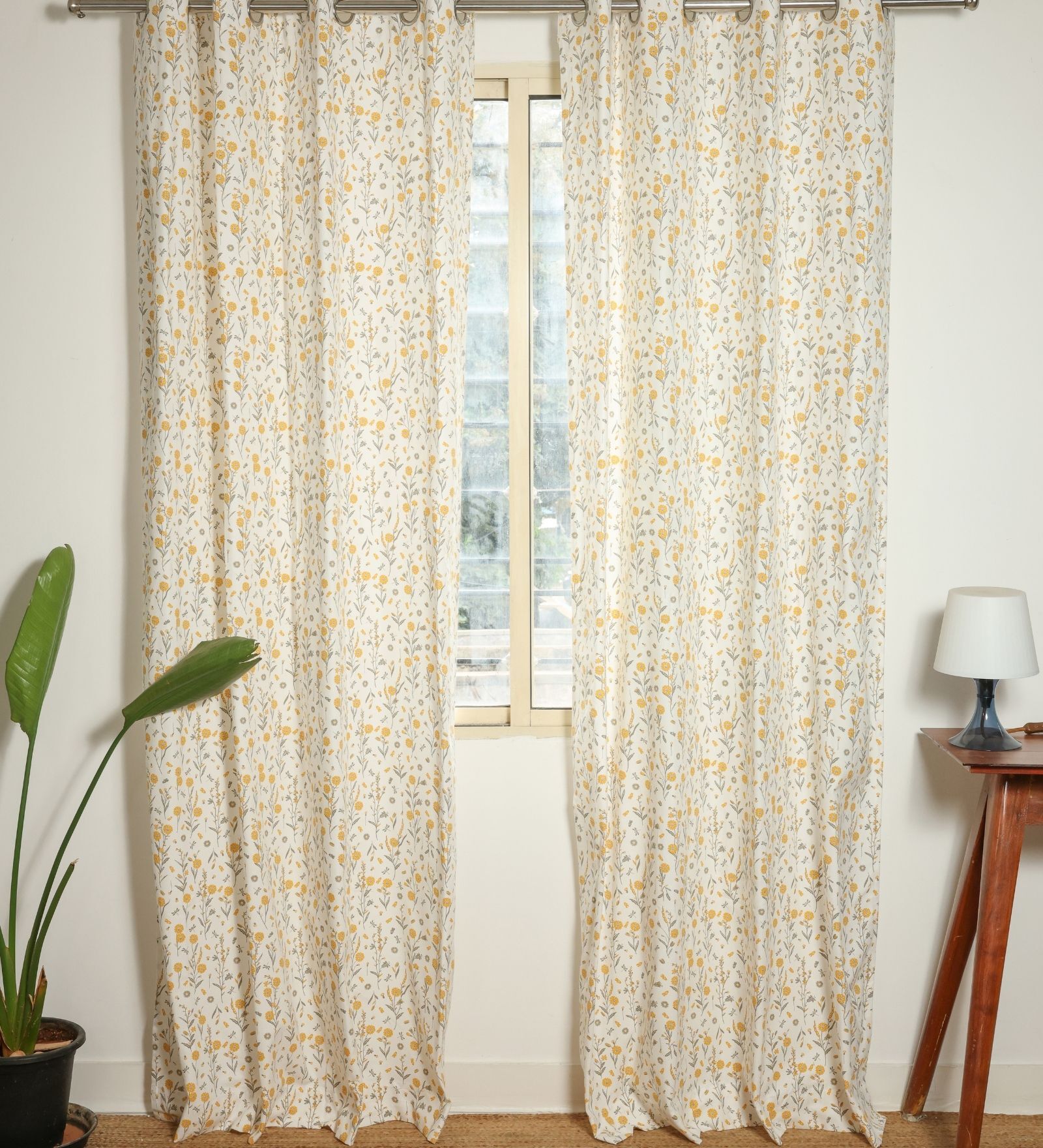 Daisies Yellow & Grey Cotton 230 GSM  Floral 7 Feet Room Darkening Eyelet Door Curtains (2 Pc)
