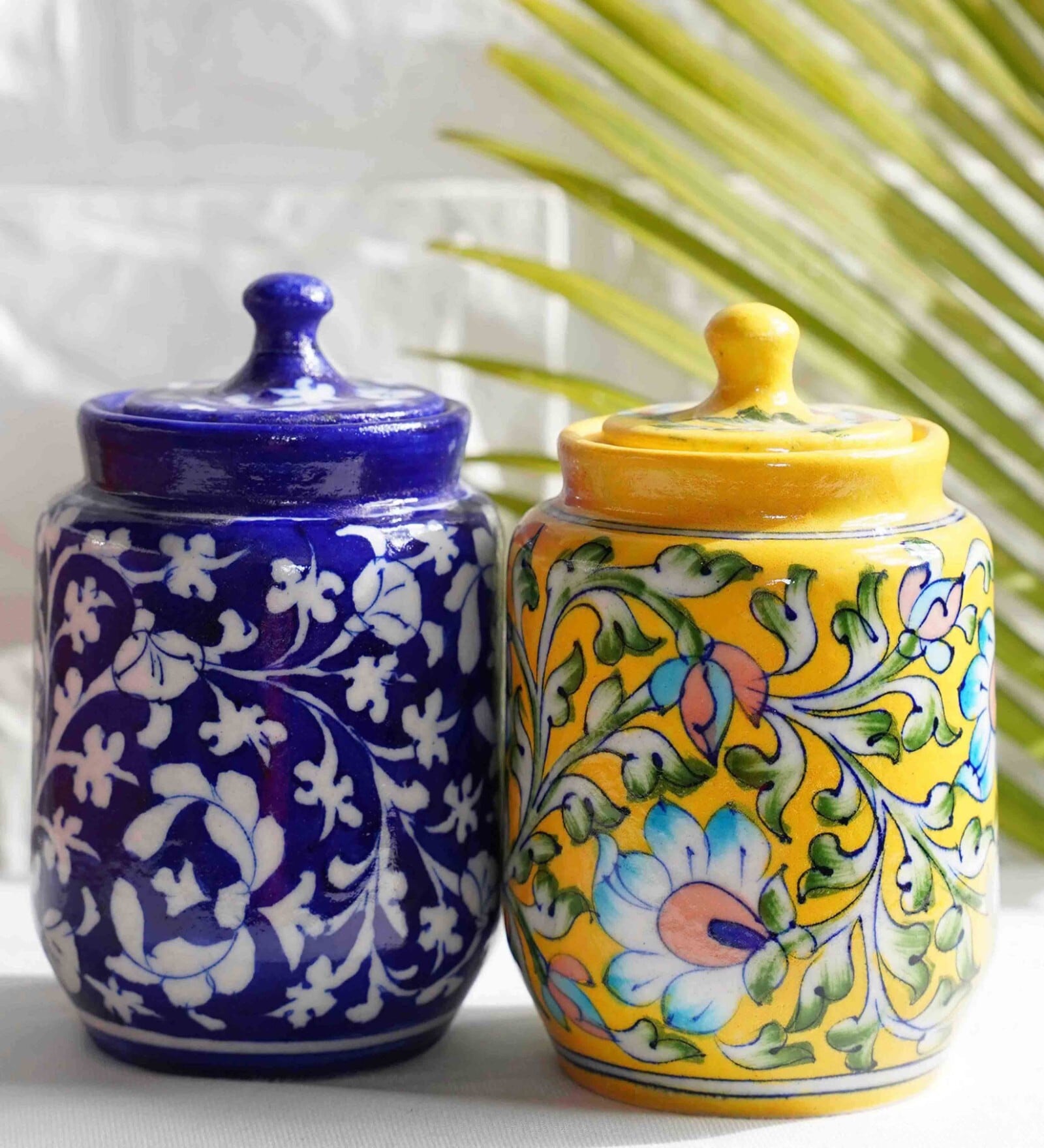 Daisy Multicolor Blue Pottery (Set Of 2) Storage Jar