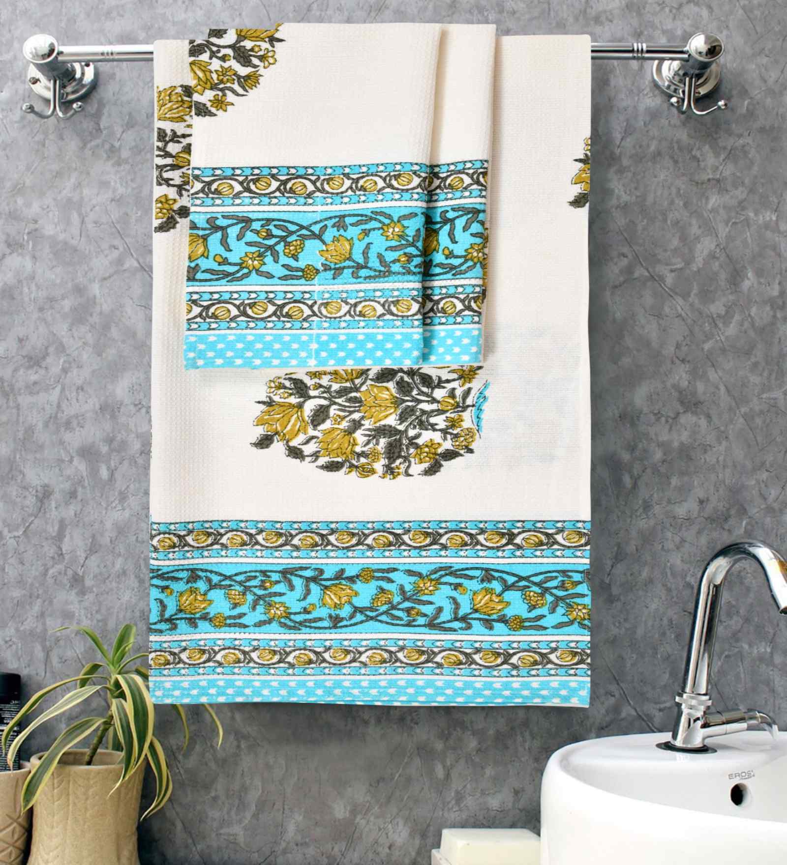 Daisy Madhuban Floral Waffle Cotton 250 GSM Bath & Hand Towel Set