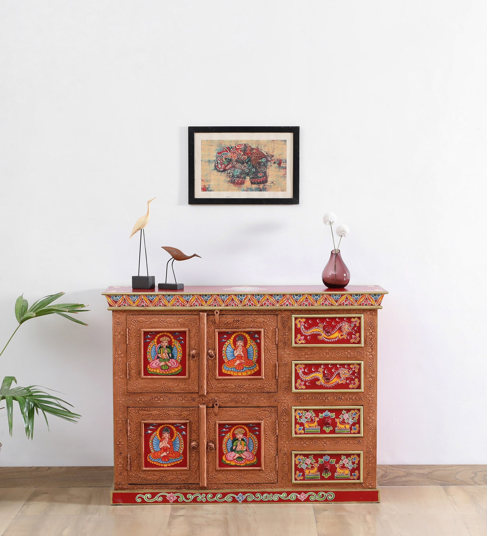 Alankaar Solid Wood Hand-Painted Sideboard In Multicolour with Drawers