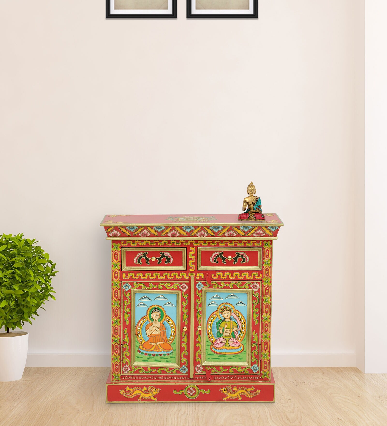 Alankaar Solid Wood Hand-Painted Compact Sideboard In Multicolour