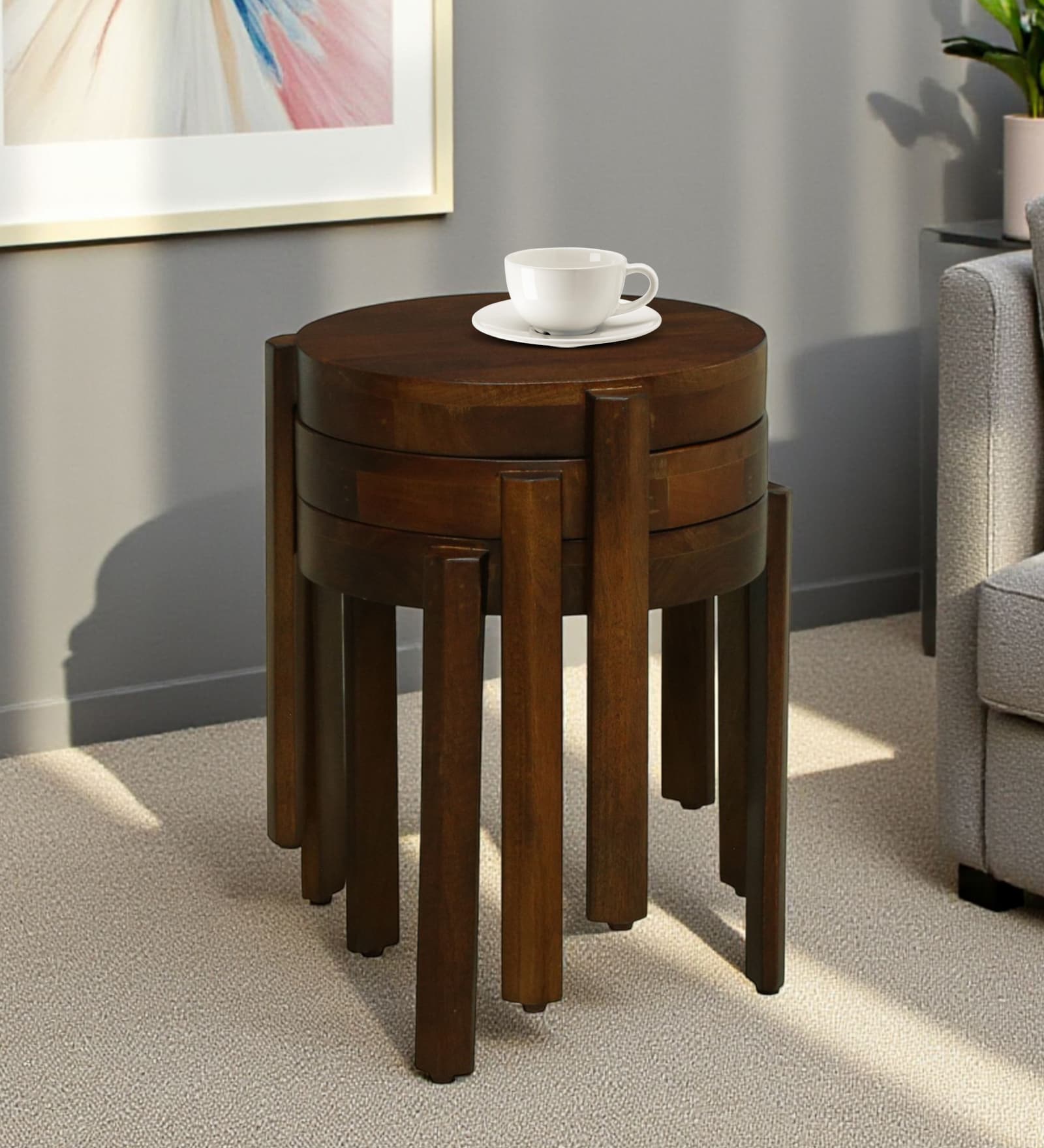 Dakovo Mango Wood Round Nest Of Tables In Tubbaq Finish ( Set of 3 )