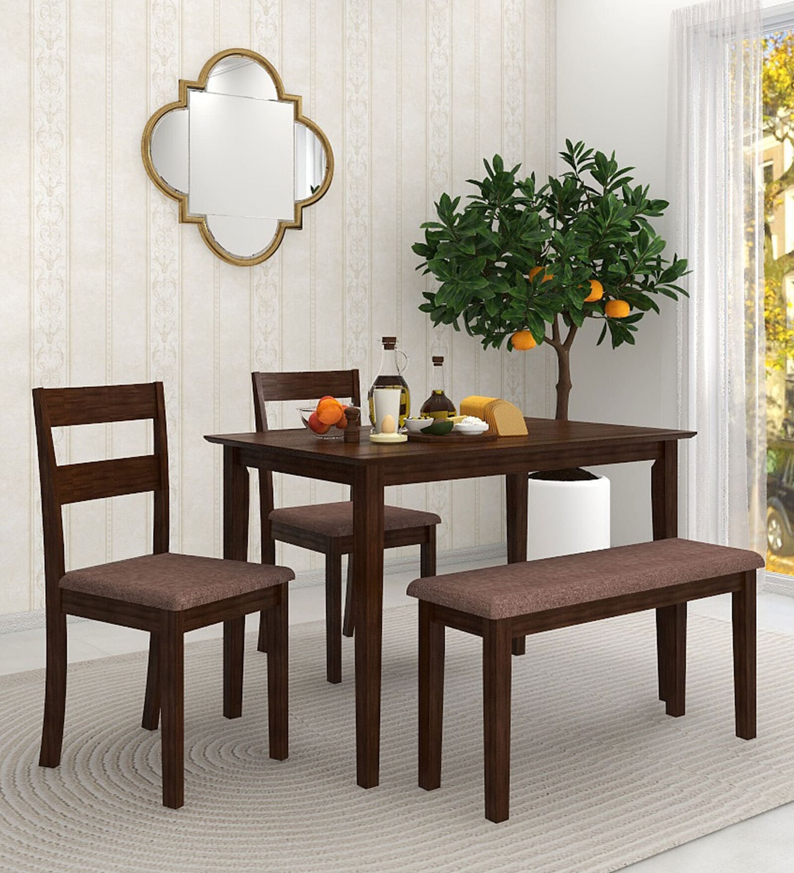 Dallas Solid Wood 4 Seater Dining Set With Bench In Dark Cappuccino Finish