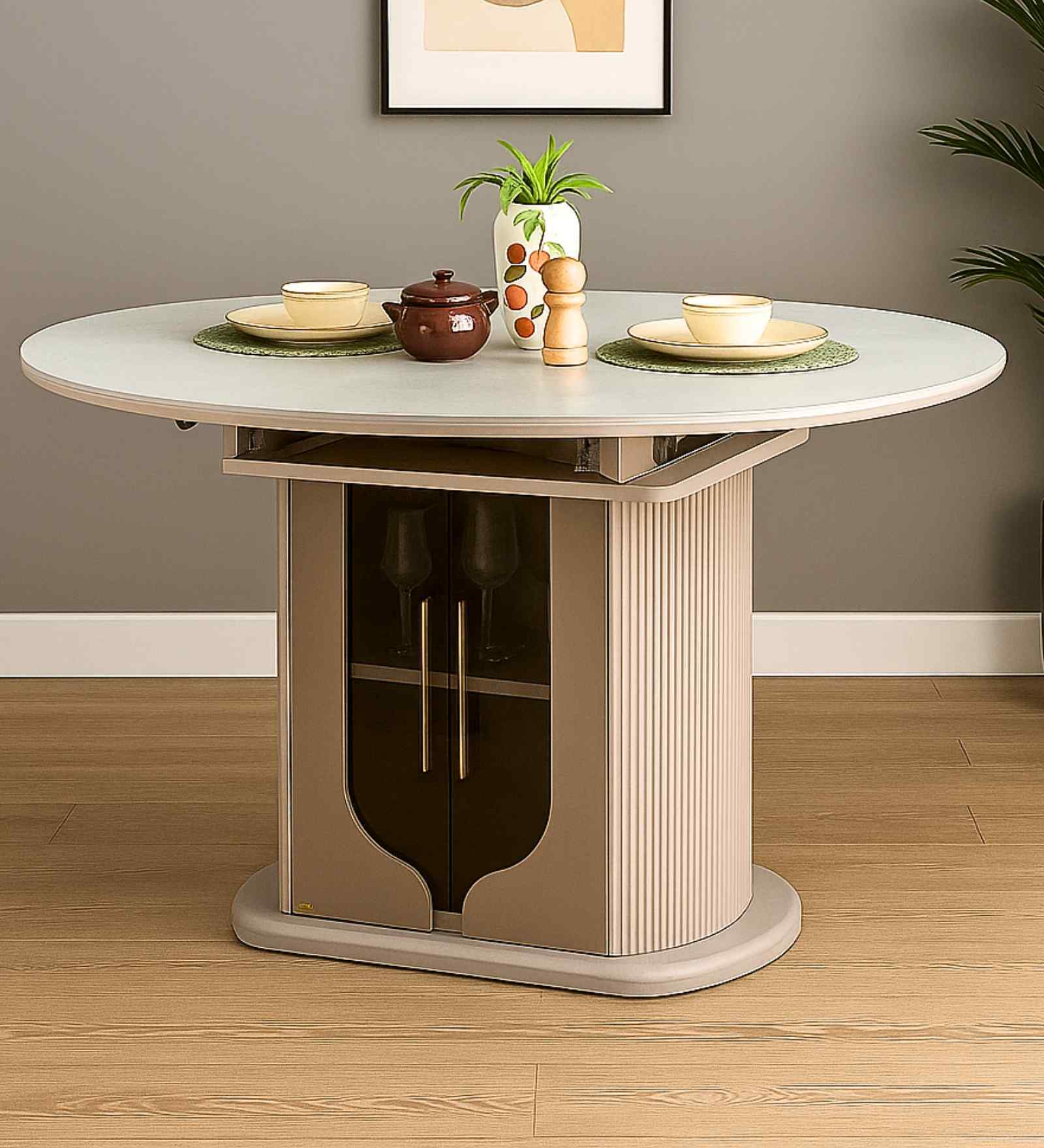 Dallas American Glass Top Extendable 6 Seater Dining Table With Inbuilt Cooktop & Storage Pedestal In White Finish