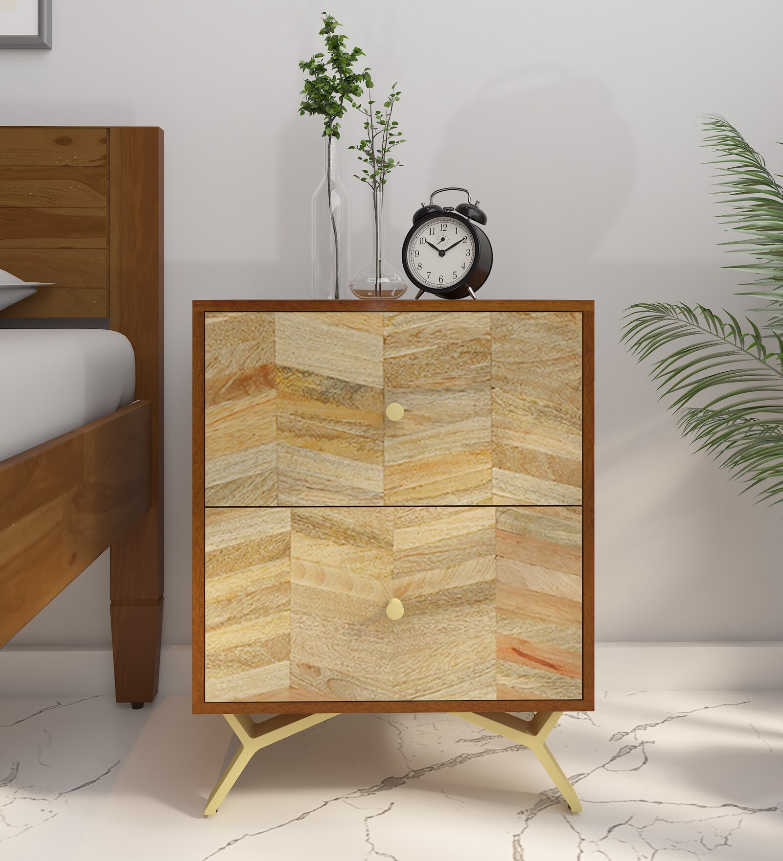 Coltrane Solid Wood Bedside Table In Natural Teak Finish With Drawers